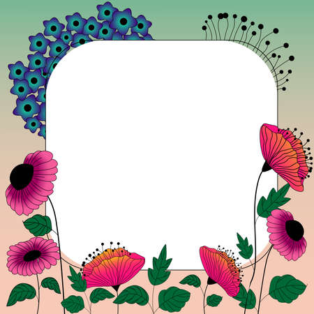 Frame With Leaves And Flowers Around And Important Announcements Inside. Framework With Different Plants All Over And Crutial Informations In. Floral Box With Recent Ideas.のイラスト素材
