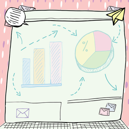 Important Message Presented On Screen With Charts, Graphs And E Mail S. Crutial Informations Displayed On Note With Arrows On It. Critical Announcements Shown.のイラスト素材