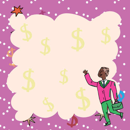 Businessman With Briefcase Presenting Important Messages With Dollar Signs In Background. Man In Suit Thinking Crutial Informations. Executive Reasoning New Ideas.のイラスト素材