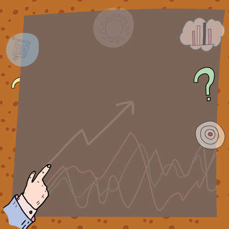 Hand Pointing On Important Messages With Arrows Up And Graphs In Background. One Finger Presenting Crutial Informations. Critical Announcements Displayed.のイラスト素材