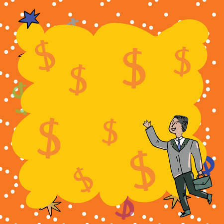 Businessman With Briefcase Presenting Important Messages With Dollar Signs In Background. Man In Suit Thinking Crutial Informations. Executive Reasoning New Ideas.のイラスト素材