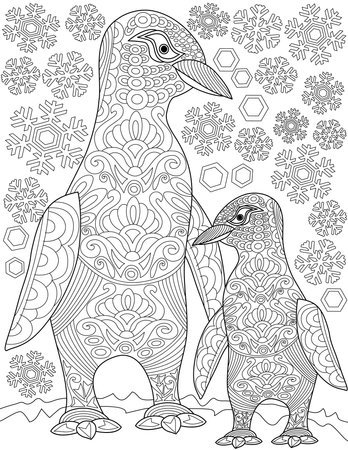 Coloring Book Page With Walking Mother And Kid Penguin With Snowflakes In Background. Sheet To Be Colored With Two Happy Sea Birds Next To One Another.のイラスト素材
