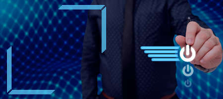 Businessman Holding A Pen And Pointing On Multiple Power Button Symbols With Futuristic Design....