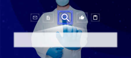 Doctor Touching New Technology System Search Bar. Man Introducing Futuristic Searching.Adult...