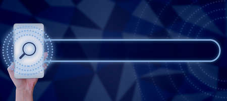 Hand Of Woman Holding Smartphone Displaying Futuristic Search Bar Symbol. Female Worker Introducing Research And Development Strategies For Business Progress.の写真素材