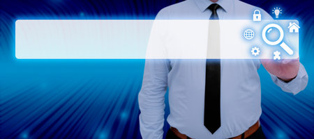 Businessman Pointing On Digital Symbols And Search Bar Looking For Data In An Abstract Design. Man Standing And Checking Important Information And Concepts.の写真素材