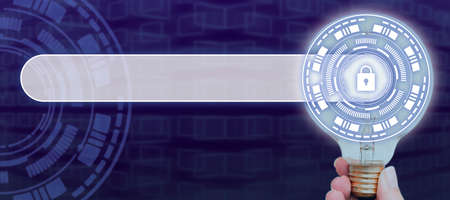 Hand Of Woman Holding Illuminated Light Bulb Showing Futuristic Shield Protected Lock ....