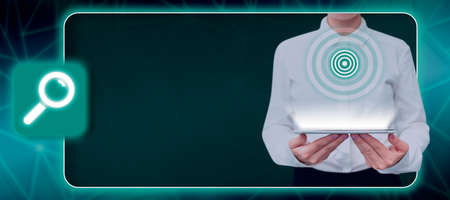 Female Professional Holding Tablet Displaying Digital Target In Futuristic Frame With Search . Woman...