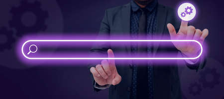 Businessman Pointing On The Search Bar Symbol And Settings . Man In A Suit With Two Hands Looking...