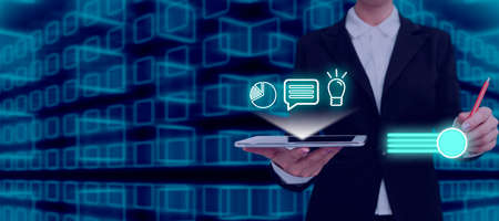 Businesswoman With Tablet And Pen Pointing On The Power Button And Digital S For Connectivity And...