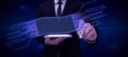 Businessman in suit holding tablet symbolizing successful teamwork accomplishing newest project...