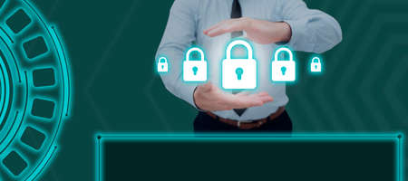 Businessman Holding Digitally Generated Padlocks In Hands Above Blank Display. Man Wearing Necktie...