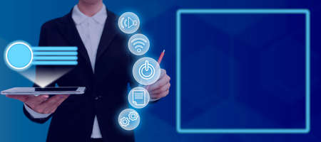 Businesswoman With A Tablet And Pen Pointing On The Power Button And Digital S In An Abstract Frame....
