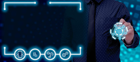 Businessman With A Pen Pressing On Glowing Digital Symbols In A Futuristic Frame. Man With A Pencil Pointing On S And Receiving Important Information In A Meeting.の写真素材