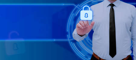 Businessman Pointing On Lock Symbol For Data Privacy And Messages In An Abstract Design. Man With A...
