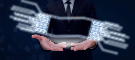 Businessman Having Futuristic Frame In Hands And Presenting Important Informations. Man In Suit...