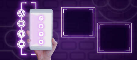 Businesswoman Hand Holding Smartphone With Multiple S On Screen And Futuristic Frame And Boxes....
