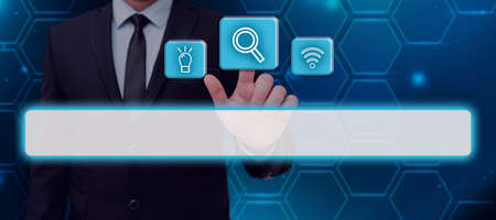 Businessman Pointing A Finger And Displaying A Search Bar With Digital S In A Row Exploring New...