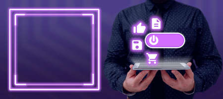 Businessman Holding Tablet Presenting Digitally Generated Power Button And Multiple S By Graphical...