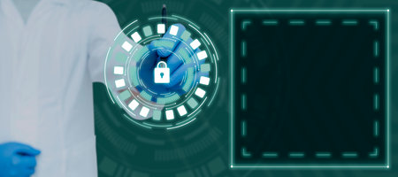 Doctor Holding Pen And Pointing On Digitally Generated Padlock And Circle By Graphical Display For...