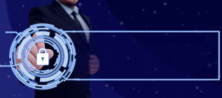 Businessman Holding A Tablet And Projecting A Camera In A Graphic Hexagone Design. Man In A Necktie...