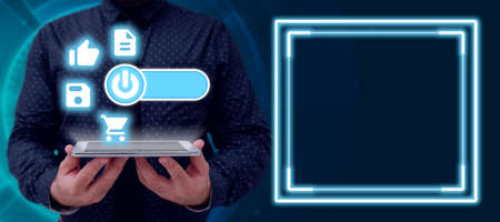 Businessman Holding Tablet Presenting Digitally Generated Power Button And Multiple S By Graphical...
