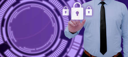 Businessman Pointing On Security Presenting Privacy In Data And Messages In A Futuristic Frame. Man...