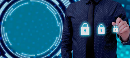 Businessman With A Pen Pointing On Security Presenting Privacy In Information In A Futuristic Frame....