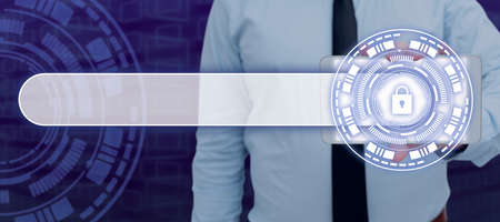 Businessman Holding Smartphone Showing Futuristic Shield Protected Lock Presenting Modern...