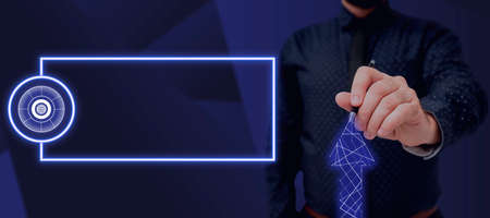 Businessman in suit holding open palm symbolizing successful teamwork accomplishing newest project...
