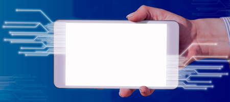Businessman Holding A Tablet On One Hand Beside Glowing Futuristic Design. A Palm Holding A...