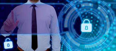 Businessman Pointing Hand And Showing Lock Sign For Data Privacy And Messages In An Abstract Design....