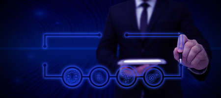 Businessman in suit holding open palm symbolizing successful teamwork accomplishing newest project...