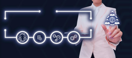 Lady in suit holding pen symbolizing successful teamwork accomplishing newest project plans. Woman carrying ballpoint pencil representing combined effort management.の写真素材