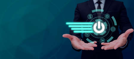 Businessman With Hands Displaying Multiple Computer Function S With Futuristic Design. Man In Suit...