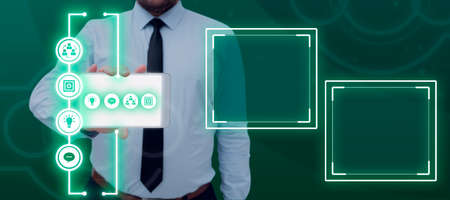 Businessman Wearing Necktie Showing Smartphone With Multiple S By Futuristic Frame And Boxes. Man With Cellphone Presenting Crucial Information And New Ideas.の写真素材