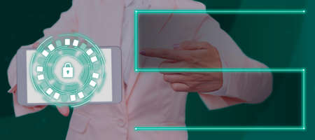 Businessman With Tablet Pointing Hand On Lock In A Glowing Futuristic Round Design. A Hand With A...