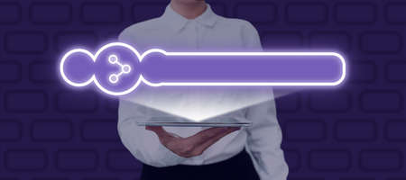 Businesswoman Holding Tablet With Search Bar With New Ideas Popping Out. Woman Having Pad In Hands...
