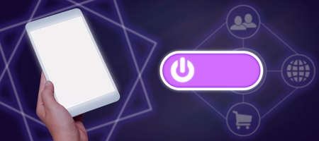 Businessman Holding A Tablet With Glowing Power Button Surrounded By Digital S. Man Holding A Touch...