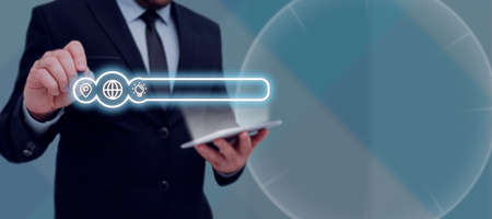 Businessman Holding Tablet And Pen Pointing On Search Bar With Crutial Informations. Man Having...