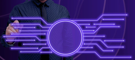 Businessman Holding A Pen Pointing On Glowing Lines In A Futuristic Design. Man With A Necktie Giving A Presentation With Important Information And New Concepts.の写真素材