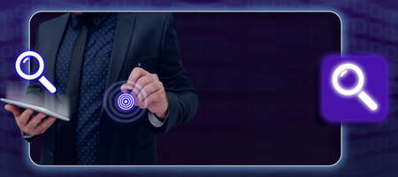 Male Professional Holding Tablet And Pen Pointing On Digital Target In Graphical Frame With Search...