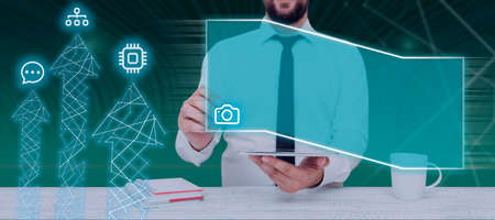 Businessman With A Pen Displaying Arrows Going Up With Digital S On Top And Holding A Tablet . Man In A Necktie Presenting Crucial Information With A Futuristic Frame.の写真素材