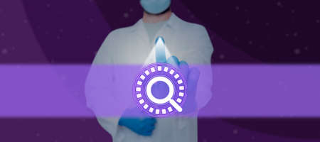 Scientist Pushing Display Futuristic Searching Technology System. Man Hand With Gloves Touching...
