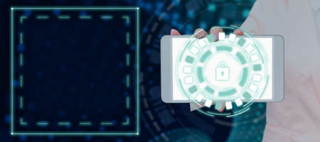 Businesswoman Showing Smartphone With Digitally Generated Padlock In Circle Pattern. Woman...