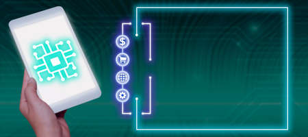 Man Holding Tablet With Sharing And Presenting New Ideas In Frameworks. Businessman Having Phone...
