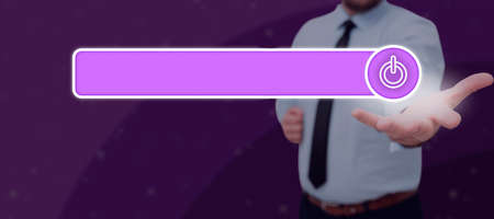 Businessman Extending A Hand And Showing A Power Button Symbol In A Futuristic Design. Man In A...