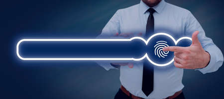 Businessman With A Tablet And Pointing On A Glowing Fingerprint With A Graphic Design. Man In A...