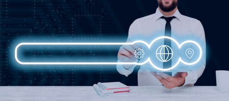 Man Holding Tablet And Pen Pointing On Search Bar And Presenting Crutial Messages. Businessman Having Cellphone And Pencil In Hands And Showing Late News In Research Box.の写真素材