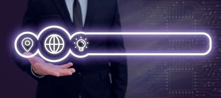 Businessman Holding Search Bar With Important Information Over Hands. Man In Suit Having Research...